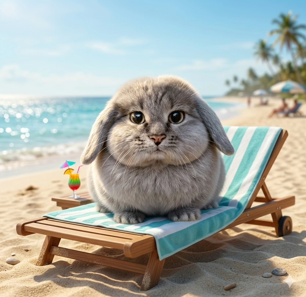 Bunnycat lounging on a beach chair